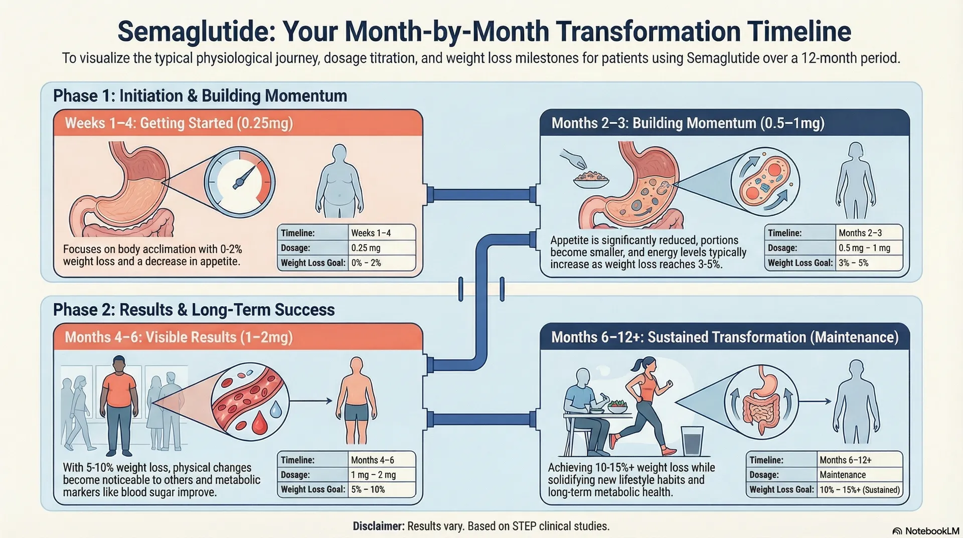 Semaglutide results timeline infographic