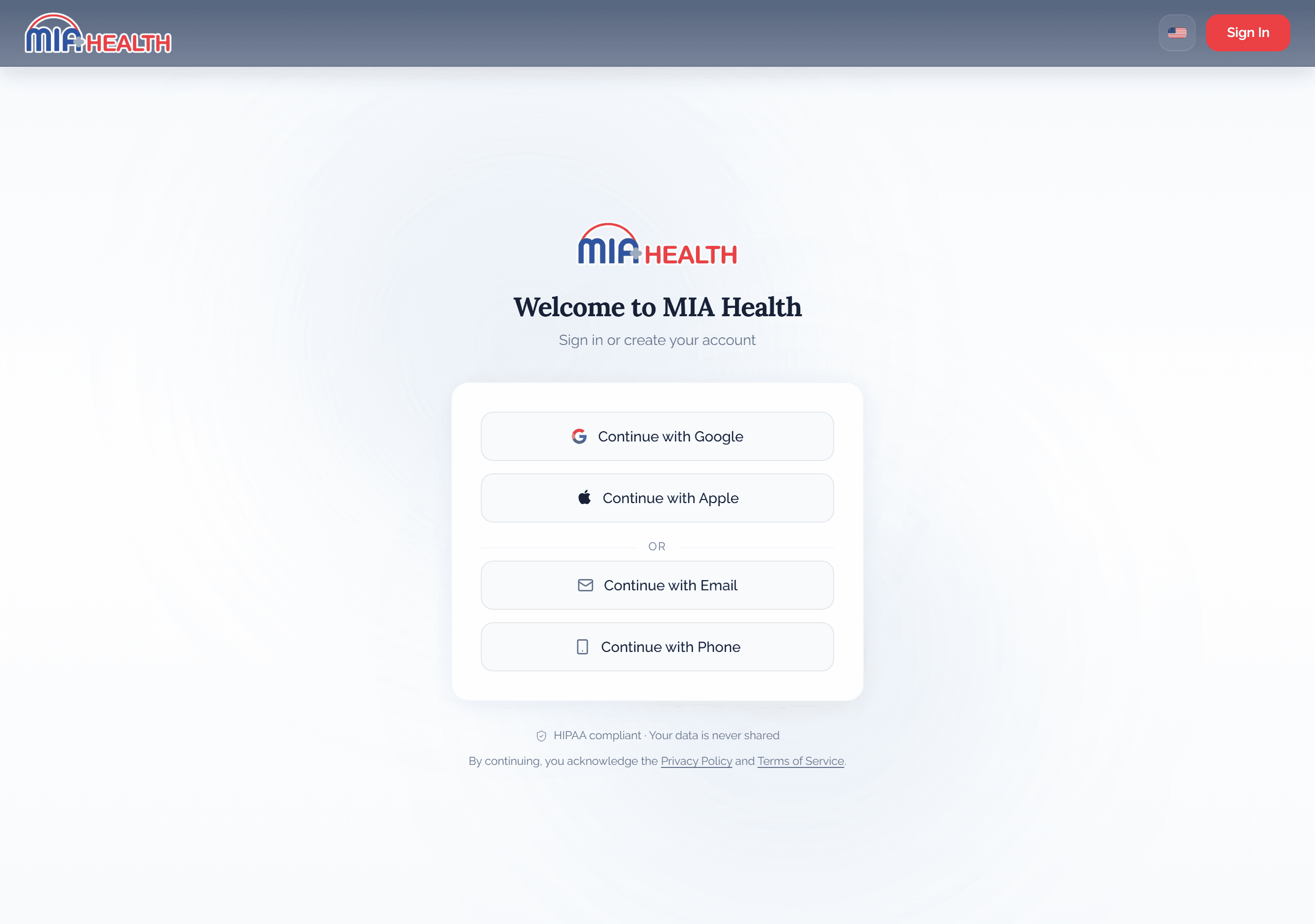 Screenshot of the patient portal entry screen with sign-in options