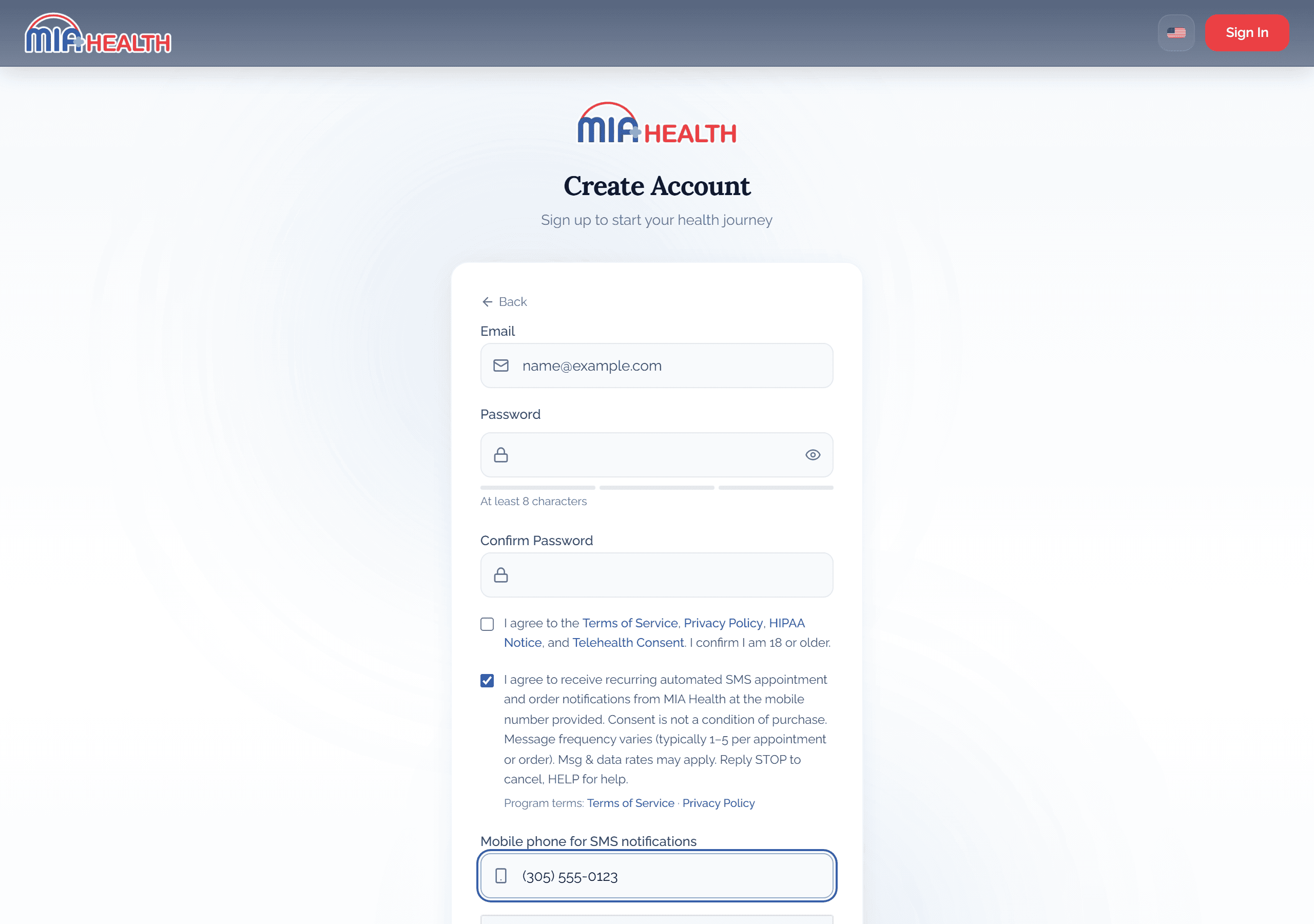 Screenshot of the Create Account form showing the optional SMS consent checkbox