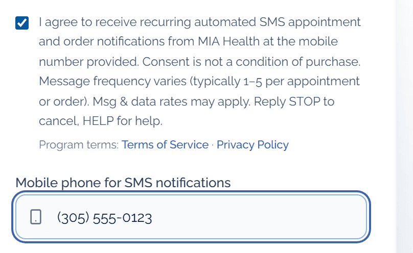 Screenshot of the SMS consent checkbox shown in the Create Account form